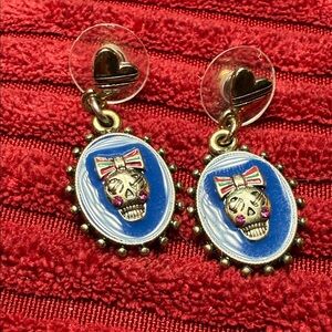 Betsey Johnson Blue Skull Earrings with Gold Accents